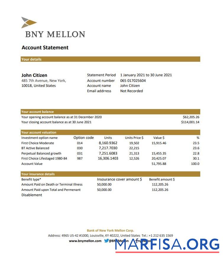 Printable USA Bank of New York Mellon bank statement excel download for verification